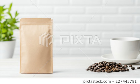 coffee bag stands next to brewing equipment, with coffee beans scattered nearby, creating cozy atmosphere 127443781