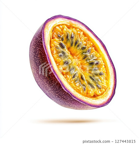 Fresh passion fruit slice mid air, showcasing vibrant colors and unique texture. delightful representation of tropical fruit 127443815