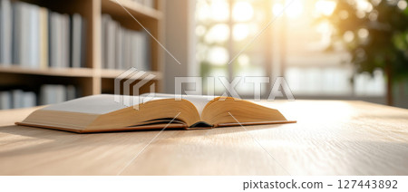 Open book on wooden table in library with sunlight streaming in, creating warm atmosphere Open book on wooden table in library with sunlight streaming in, creating warm atmosphere 127443892