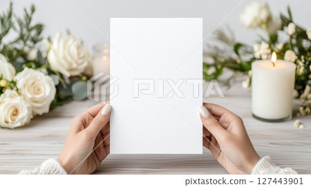 blank white menu mockup held in hands, surrounded by flowers and candles, creating serene atmosphere 127443901