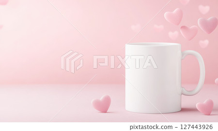blank white mug surrounded by pink hearts on soft pink background, perfect for Valentine Day 127443926