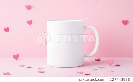 white mug on pastel pink surface surrounded by tiny pink hearts, creating romantic atmosphere 127443928