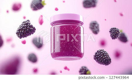 Floating blackberry jam jar surrounded by fresh blackberries, creating vibrant and playful scene 127443964