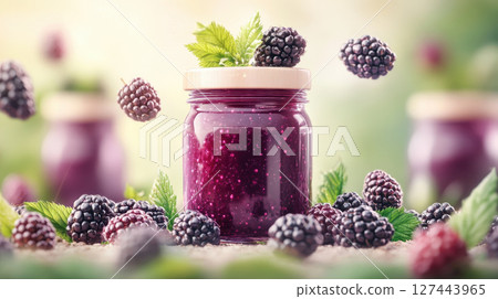 Delicious blackberry jam jar surrounded by fresh blackberries and mint leaves, creating vibrant and inviting scene 127443965