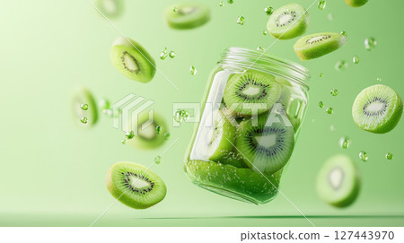 Kiwi slices floating around jar filled with fresh green kiwis, creating vibrant and refreshing scene Kiwi slices floating around jar filled with fresh green kiwis, creating vibrant and refreshing scene 127443970