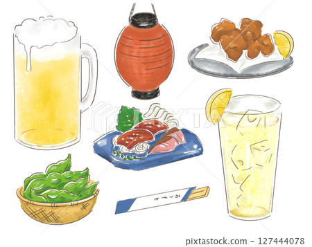 手繪各類酒類及小吃的圖解集 手繪各類酒類及小吃的圖解集 127444078