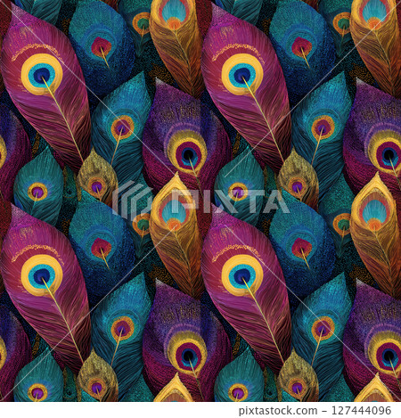 seamless pattern with multicolored peacock feathers on the background. Decorative exotic ornament 127444096