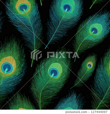 seamless pattern with green peacock feathers on a black background. Decorative exotic ornament seamless pattern with green peacock feathers on a black background. Decorative exotic ornament 127444097