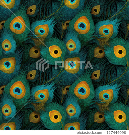 seamless pattern with green peacock feathers on a black background. Decorative exotic ornament 127444098
