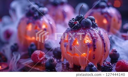 Glowing Halloween dessert styled as spooky jack-o'-lantern with berries and syrup, ideal for festive food decoration and themed party ideas 127444140