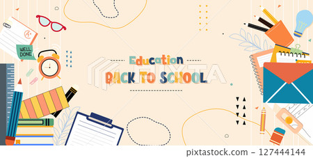 Education back to school illustration highlighting stationery and learning 127444144