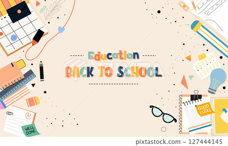 Education back to school festive illustration featuring educational tools 127444145