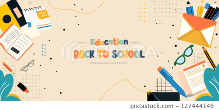 Education back to school playful illustration with learning tools and supplies 127444146
