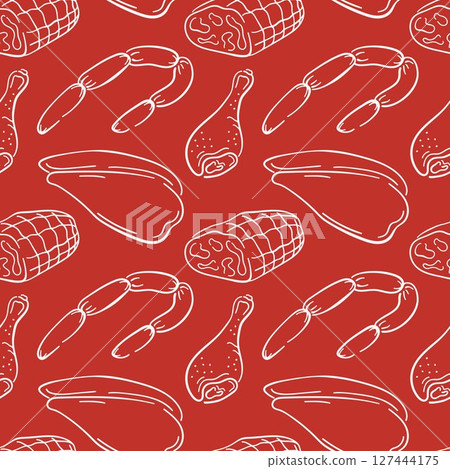 Seamless meat pattern with line art sausage, drumsticks, chicken fillet and ham on red background. Perfect for packaging butcher shop, menu or culinary design. 127444175