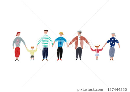 Hand-drawn illustration People standing side by side holding hands 127444230