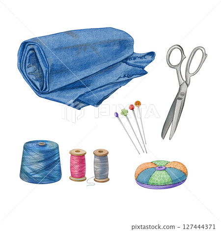 Sewing supplies set with blue fabric, scissors, threads, pins, and pincushion. Watercolor illustration vintage sewing kit. Ideal for craft projects, handmade design, textile visuals, sewing studio. 127444371