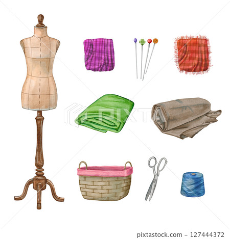 Watercolor illustration of sewing tools and materials: mannequin, fabrics, basket, pins, scissors, and thread. Vintage sewing kit. Ideal for craft projects, handmade design, sewing studio. Watercolor illustration of sewing tools and materials: mannequin, fabrics, basket, pins, scissors, and thread. Vintage sewing kit. Ideal for craft projects, handmade design, sewing studio. 127444372