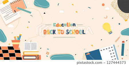 Education theme illustration celebrating back to school with supplies. Vector illustration Education theme illustration celebrating back to school with supplies. Vector illustration 127444373