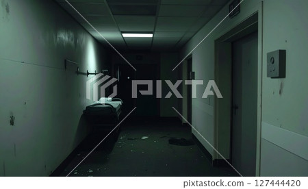 A creepy hallway in an abandoned hospital 127444420