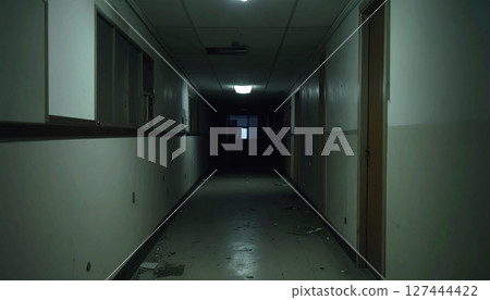 The eerie hallway of an abandoned apartment building 127444422