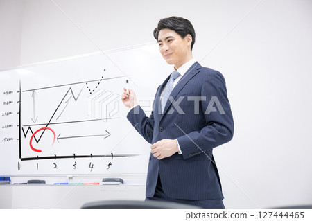 Image of a seminar or marketing presentation at a meeting, such as a teacher or lecturer explaining in front of a whiteboard 127444465