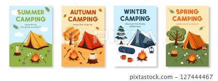 Seasonal camping posters set. Promo flyers for seasonal camping, trip, hiking, nature, journey, picnic. A4 127444467