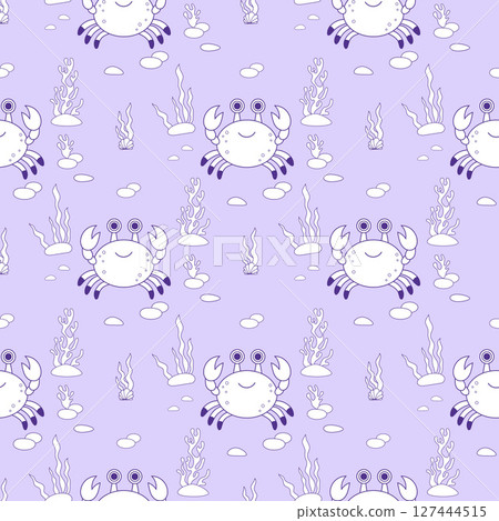 Sea Seamless Pattern. Outline Cute Crab with algae on light purple Background. Vector Illustration. Line drawing. Kids collection 127444515