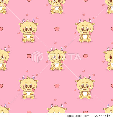 Seamless pattern with Cute Romantic Little Yellow Monster on pink background with hearts. Funny kawaii character animal. Vector illustration Seamless pattern with Cute Romantic Little Yellow Monster on pink background with hearts. Funny kawaii character animal. Vector illustration 127444516