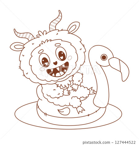 Outline Summer Monster floats on Inflatable flamingo. Beach Cute Funny kawaii character vacation. Line drawing, coloring book. Vector illustration. Kids collection 127444522
