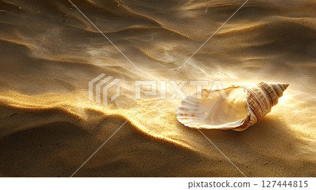 Large seashell resting on golden sand dune at sunset 127444815