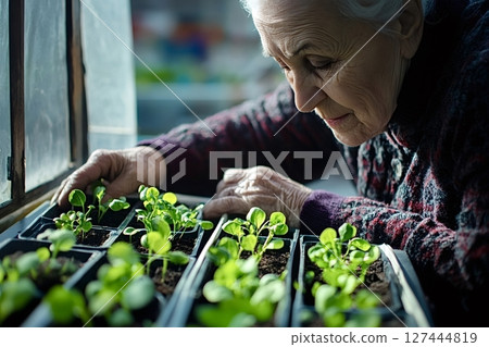Senior woman taking care of seedlings on window sill Senior woman taking care of seedlings on window sill 127444819