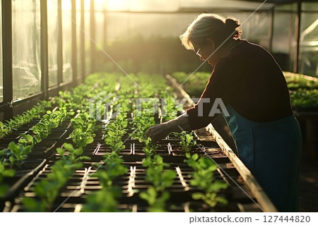 Senior female farmer taking care of seedlings in greenhouse at sunset 127444820