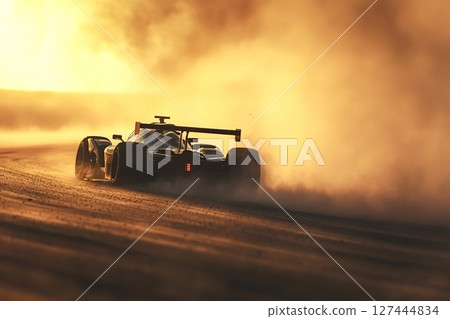 Formula one car drifting on a dusty track during sunset 127444834