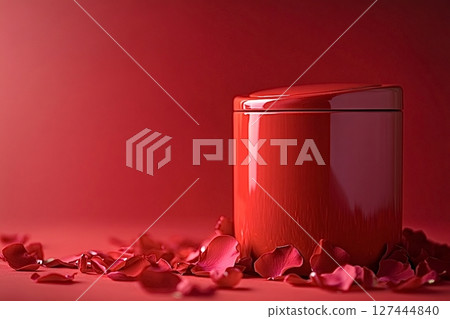 Red jar with rose petals on red background representing love and romance 127444840