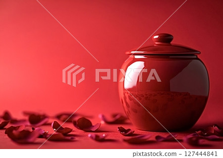 Red ceramic jar with lid surrounded by rose petals on red background 127444841