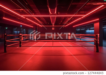 Empty boxing ring illuminated by red neon lights in modern gym Empty boxing ring illuminated by red neon lights in modern gym 127444843