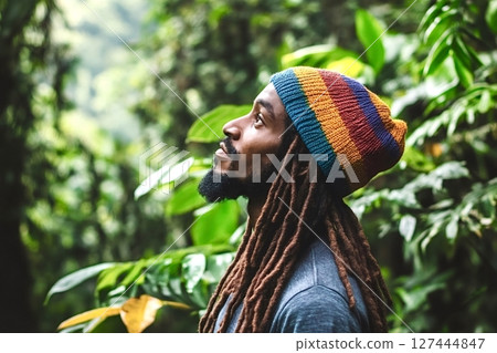 Rastafarian man wearing a beanie contemplating nature in tropical forest 127444847