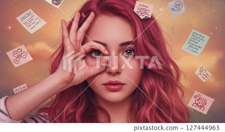 女人用手做一個窺視孔 女人用手做一個窺視孔 127444963