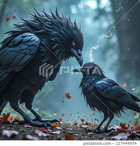 Black raven with a chick. A large, detailed black raven with bright red eyes cares for its chick. 127444974