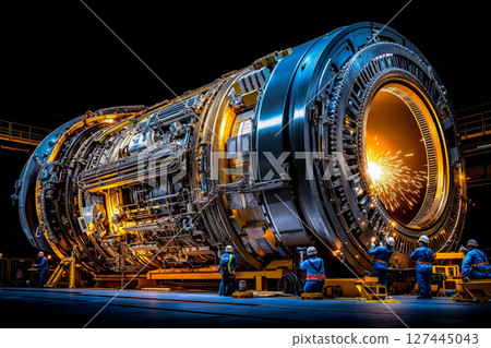 A group of men working on a large jet engine 127445043