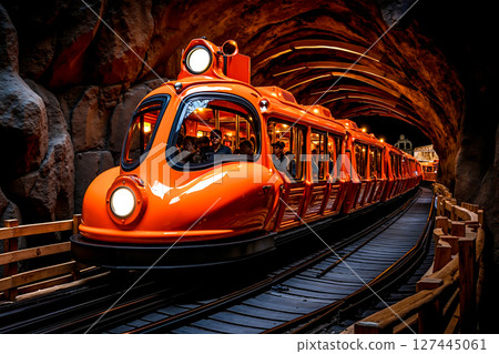An orange train traveling through a tunnel with people inside of it 127445061