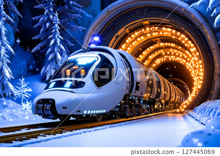 A train traveling through a tunnel in the middle of a snowy forest 127445069