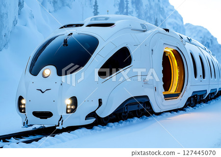 A white train traveling through a snow covered mountain 127445070