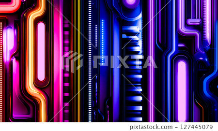 A close up of a futuristic background with neon lights A close up of a futuristic background with neon lights 127445079