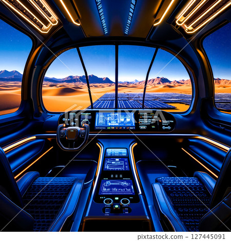 A view of the interior of a futuristic vehicle in the desert A view of the interior of a futuristic vehicle in the desert 127445091