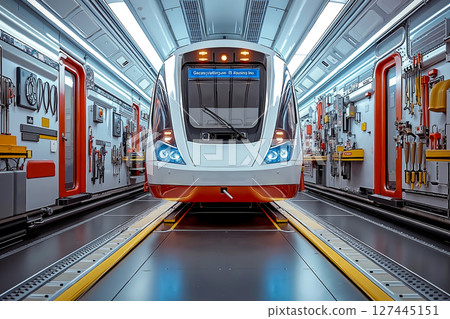 A rendering of a train in a train station 127445151