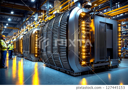 A group of men standing in front of a large machine in a factory A group of men standing in front of a large machine in a factory 127445153