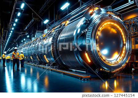 A group of people standing in front of a large machine A group of people standing in front of a large machine 127445154