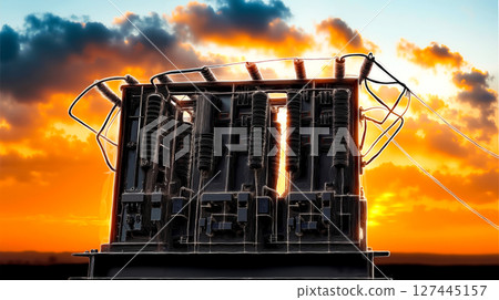 An electrical transformer with a sunset in the background 127445157