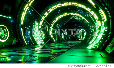 A futuristic tunnel with green lights in the middle of it 127445167